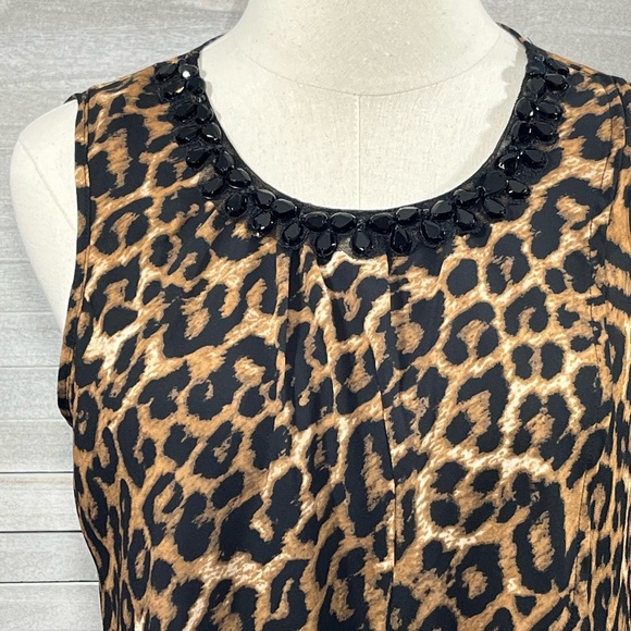 CABLE & GAUGE Sleeveless Blouse Crossover Front w Beaded Neckline Leopard-Small - Picture 1 of 3